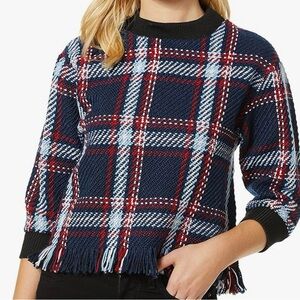 J.O.A Women’s JOA Fringed Plaid Pullover: Size Small